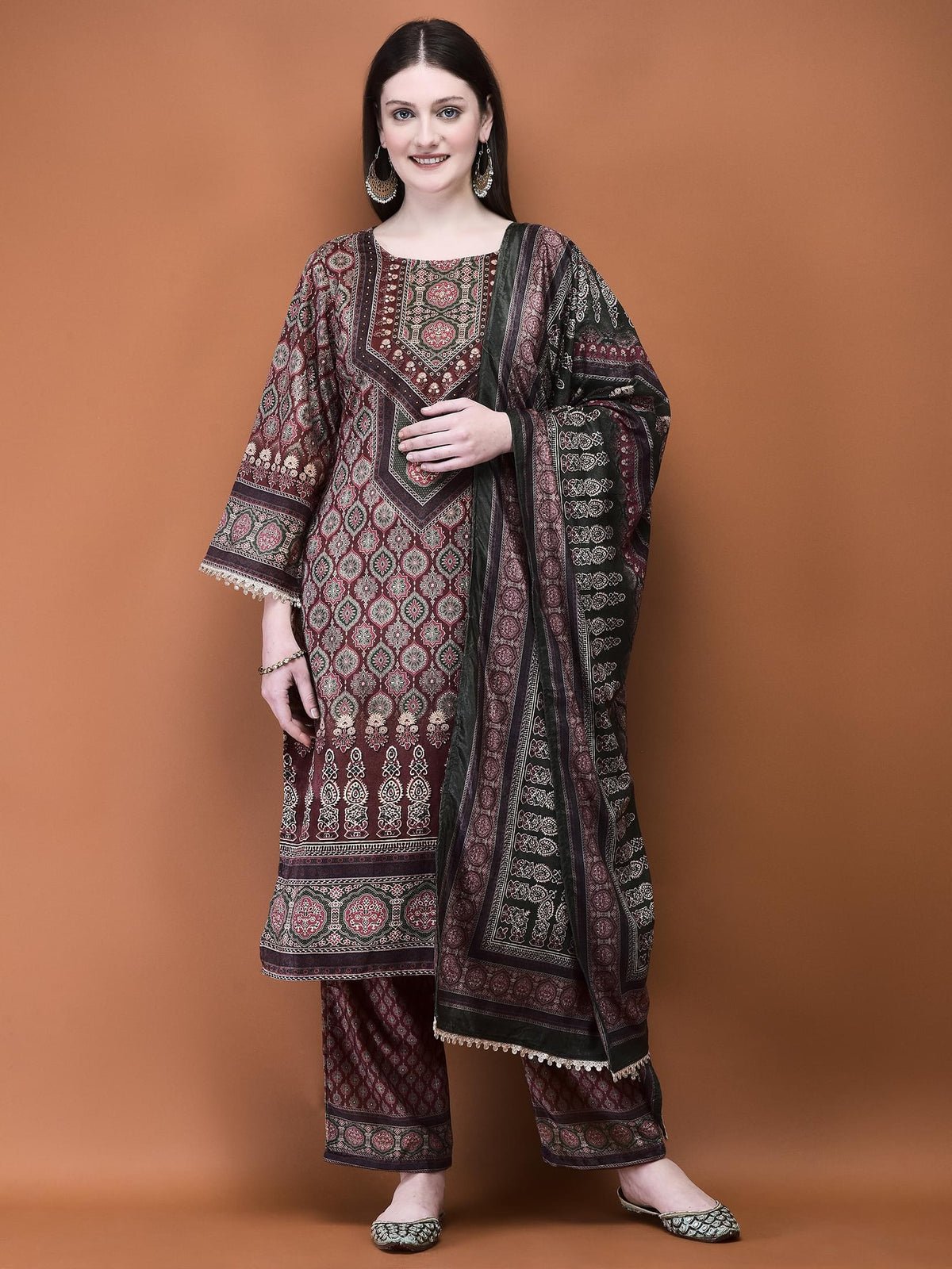 Velvet Rust Ajrakh Print Kurta Comfort Pant Dupatta