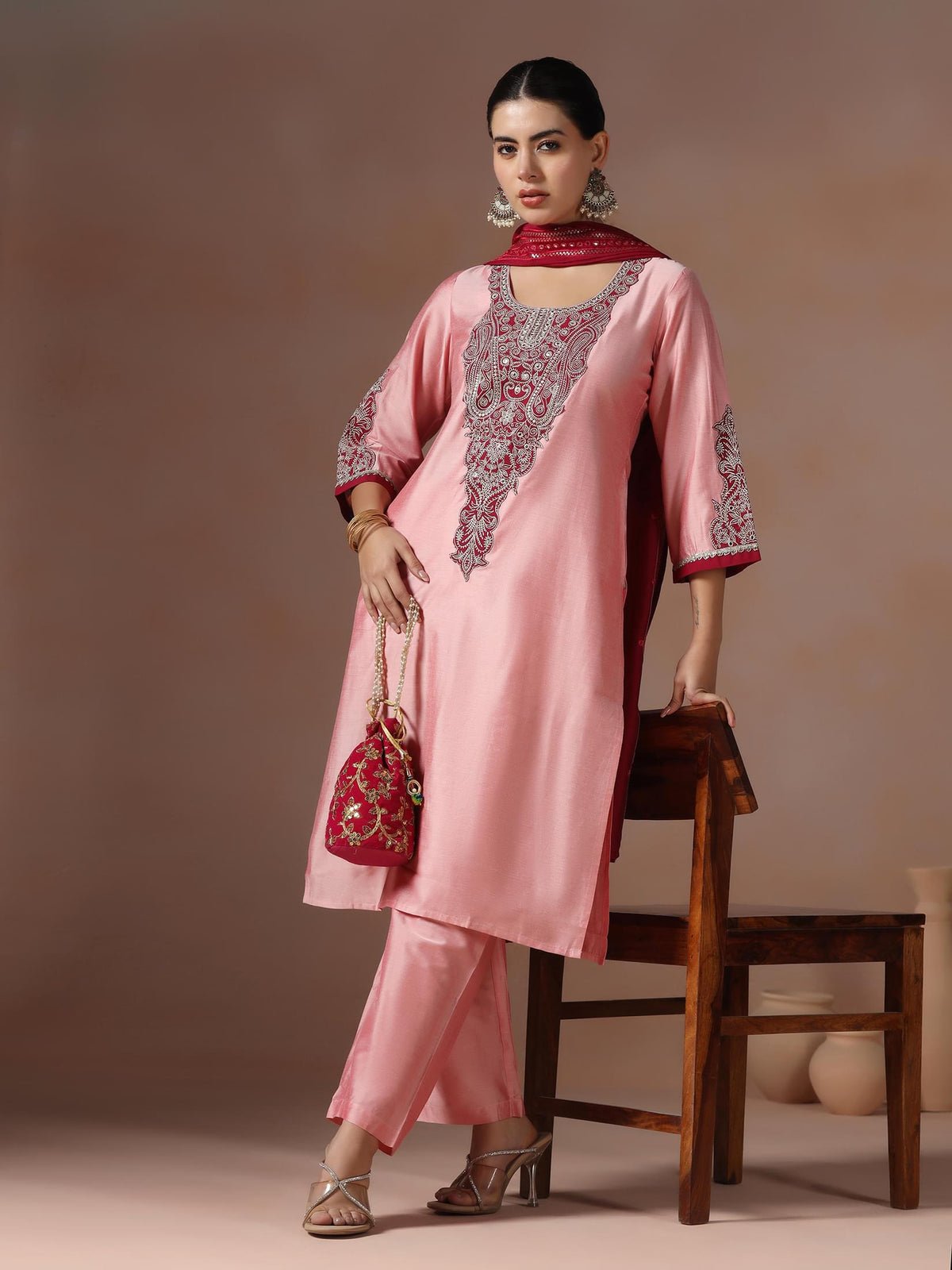 Silk Blend Pink Embroidered Kurta Comfort Pant Chanderi Dupatta