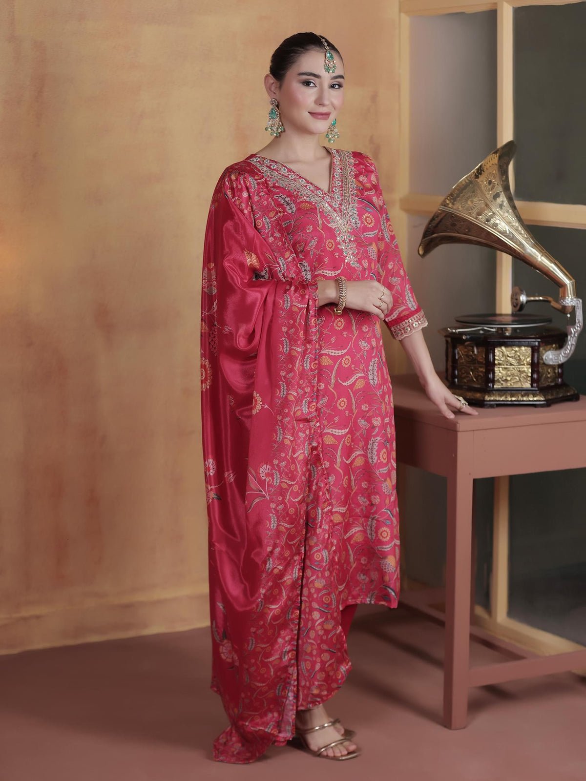 Chinon Pink Embroidered Kurta Comfort Pant Dupatta (Style SIDH-231-C)