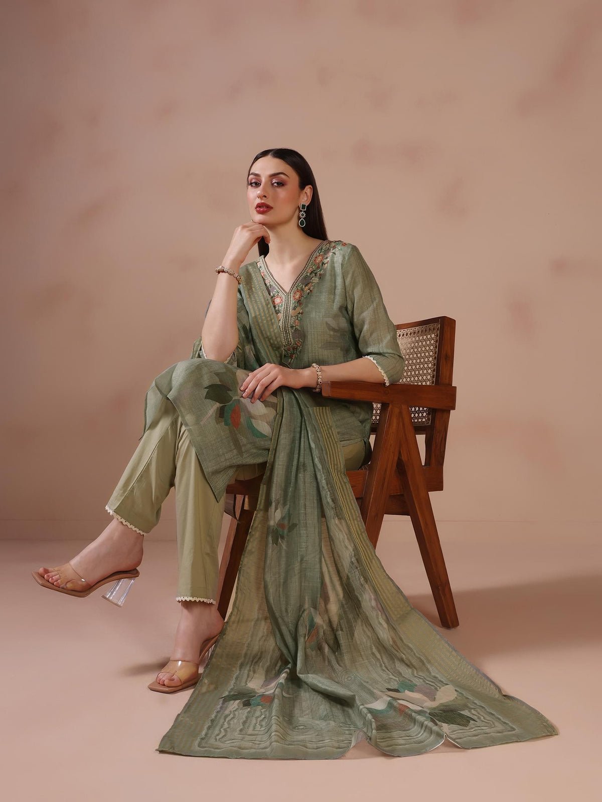 Linen Olive Embroidered Kurta Trouser Dupatta