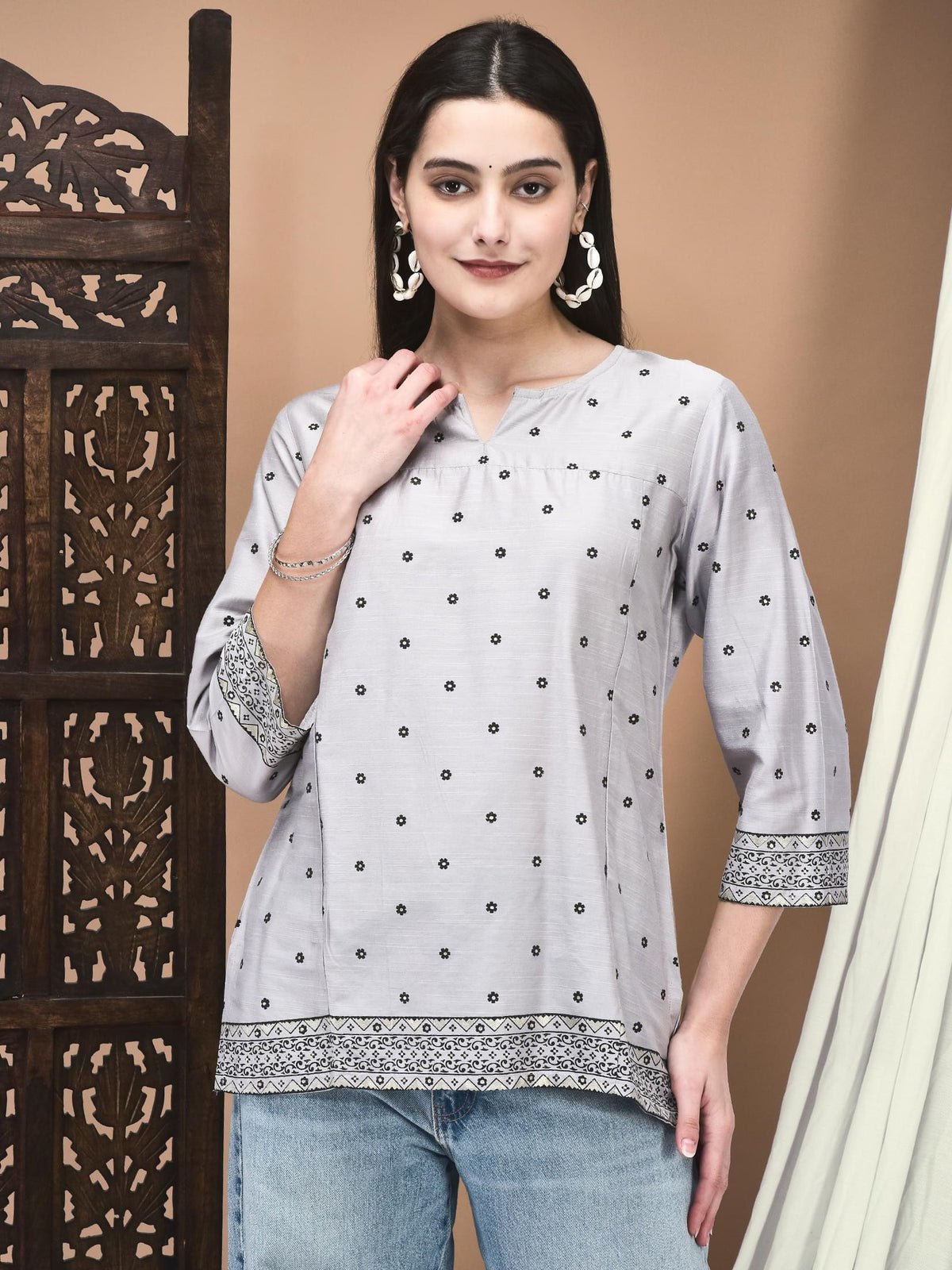 Silk Blend Grey Printed Tunic