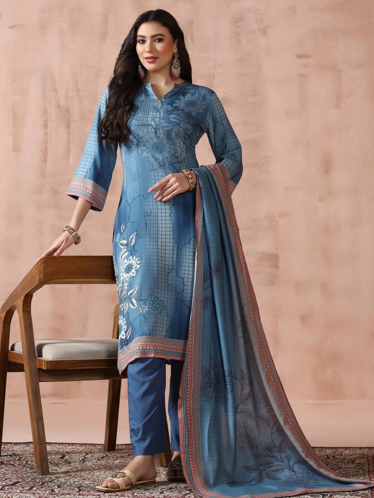 Liva Blue Printed Kurta Comfort Pant Dupatta (Style 25393)