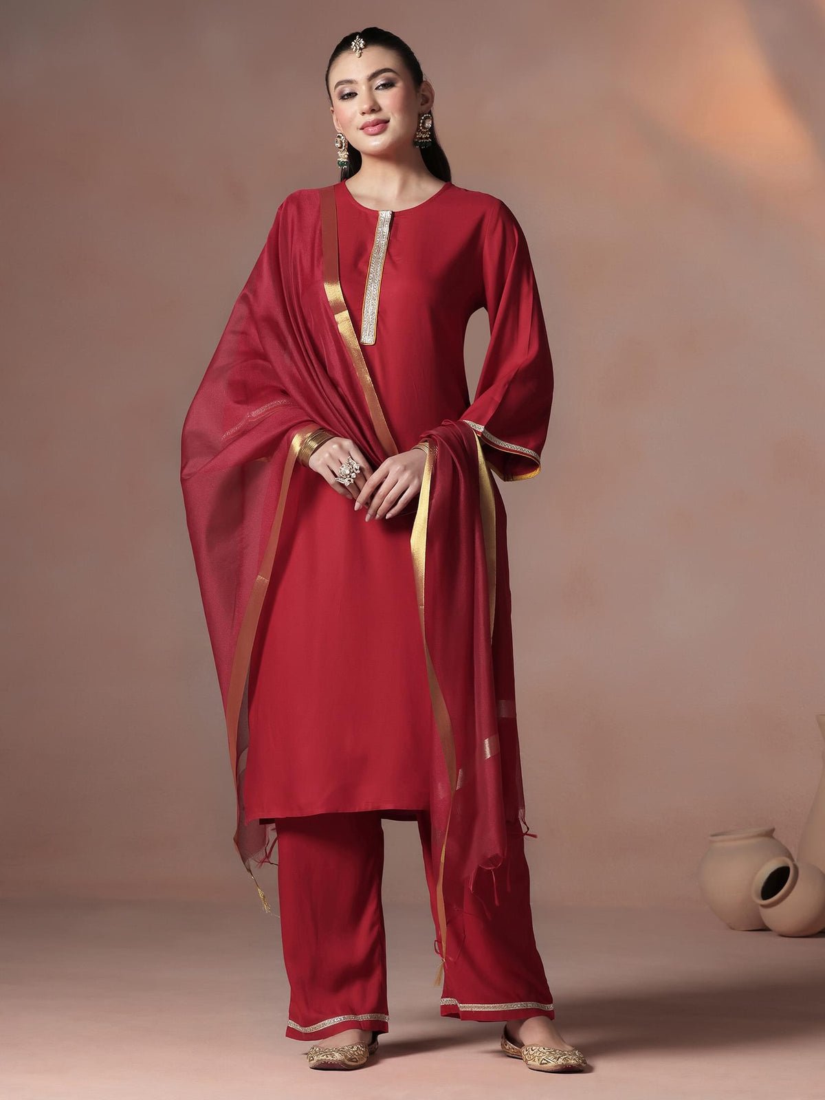 Liva Red Solid Kurta Comfort Pant Dupatta