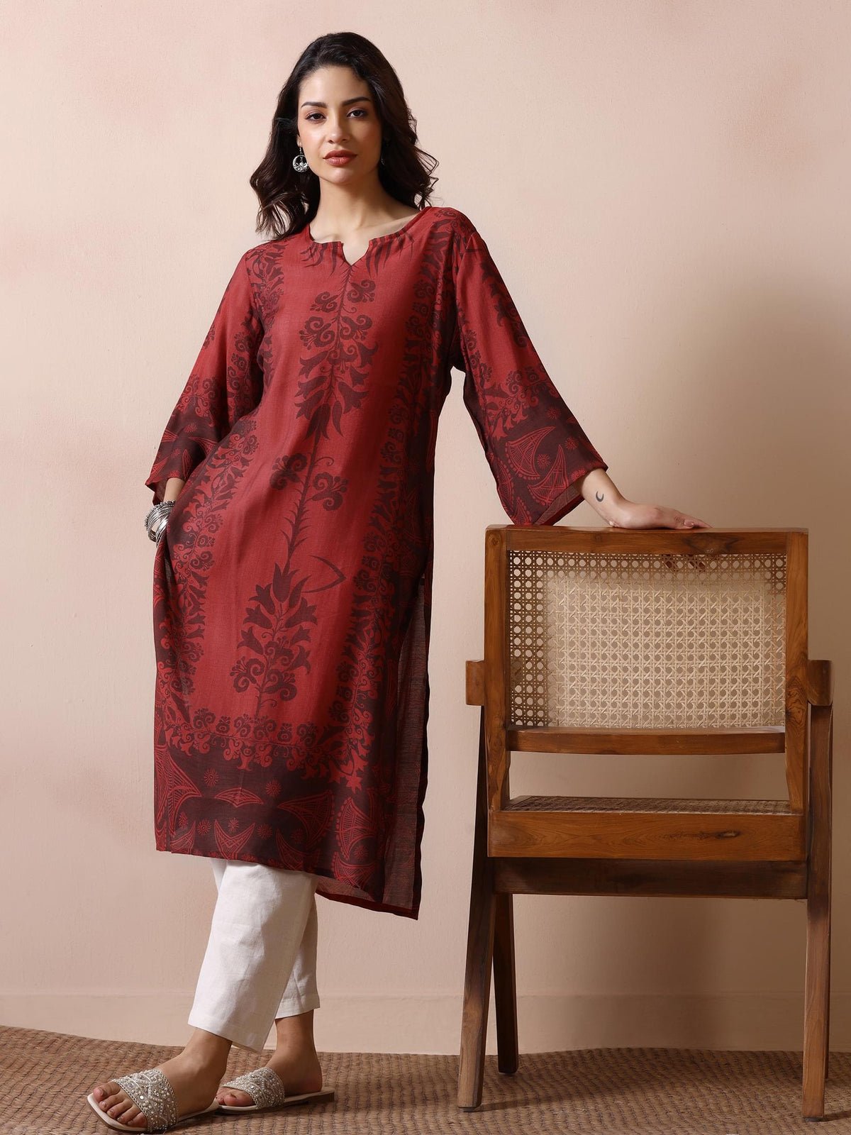 Chanderi Rust Printed Kurta