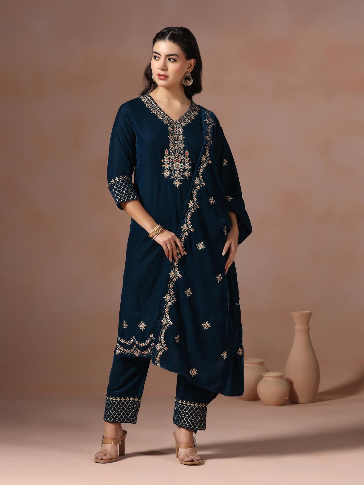 Velvet Teal Embroidered Kurta Comfort Pant Dupatta