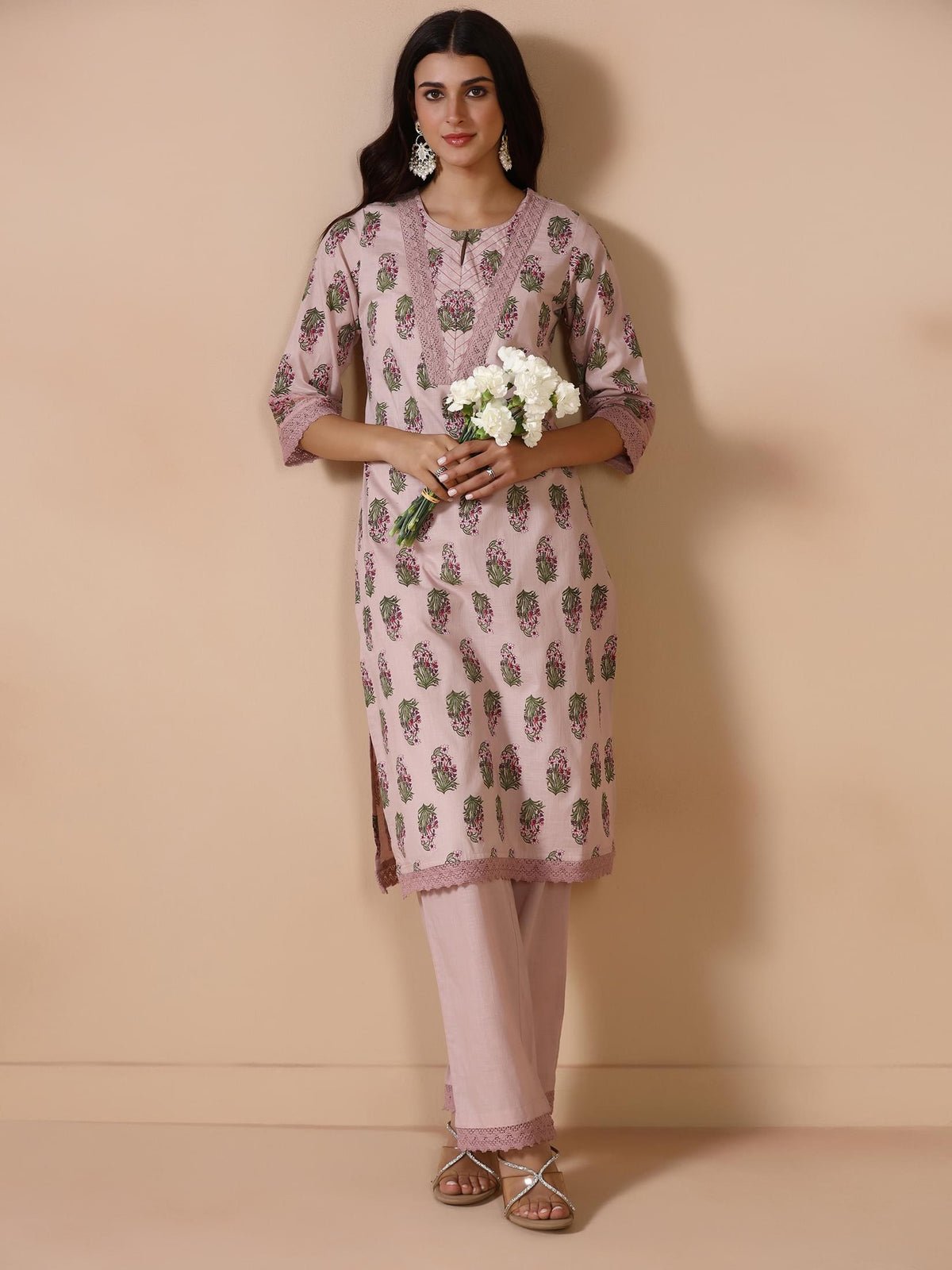 Cotton Pink Floral Print Kurta With Comfort Pant