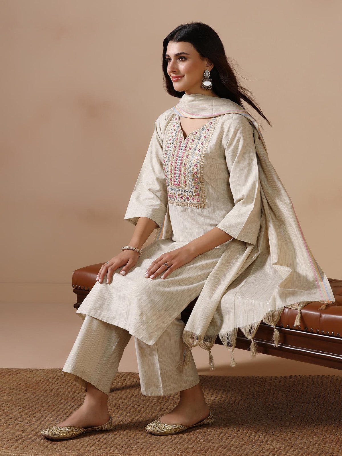 Poly Cotton Beige Embroidered Kurta Comfort Pant Dupatta