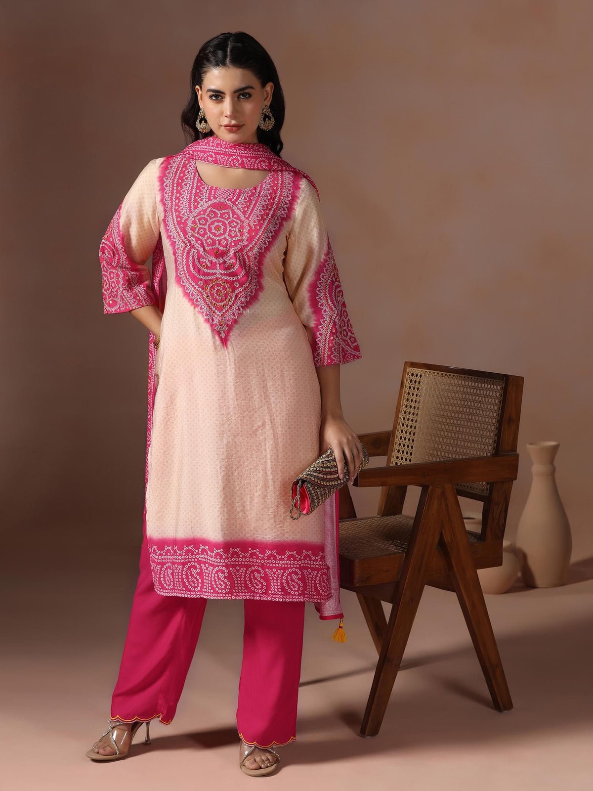 Chanderi Pink Bandhani Print Embroidered Kurta Comfort Pant Dupatta
