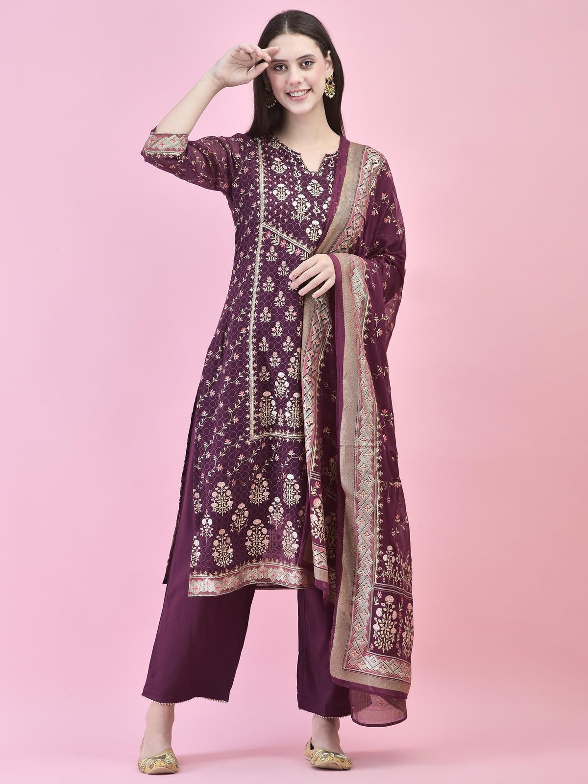 Georgette Purple Ornamental Print Kurta Comfort Pant Dupatta